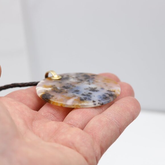 Dendritic Moss Agate stone Necklace Natural Stone Pendant 14K Yellow Gold & Leat - Picture 6 of 13